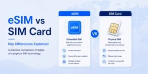 eSIM vs SIM card — physical nano SIM card next to eSIM diagram