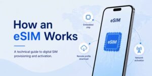 How eSIM works — step-by-step diagram: scan QR code, download profile, activate
